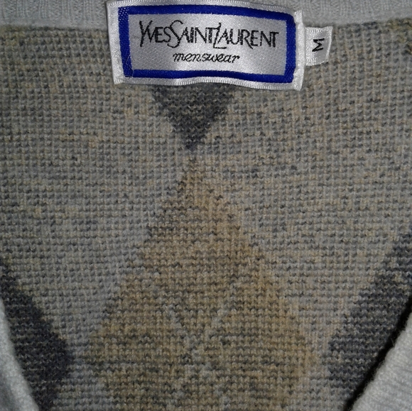 Yves Saint Laurent Argyle Sweater YSL Pullover merino wool jumper V neck men's M - Picture 6 of 7